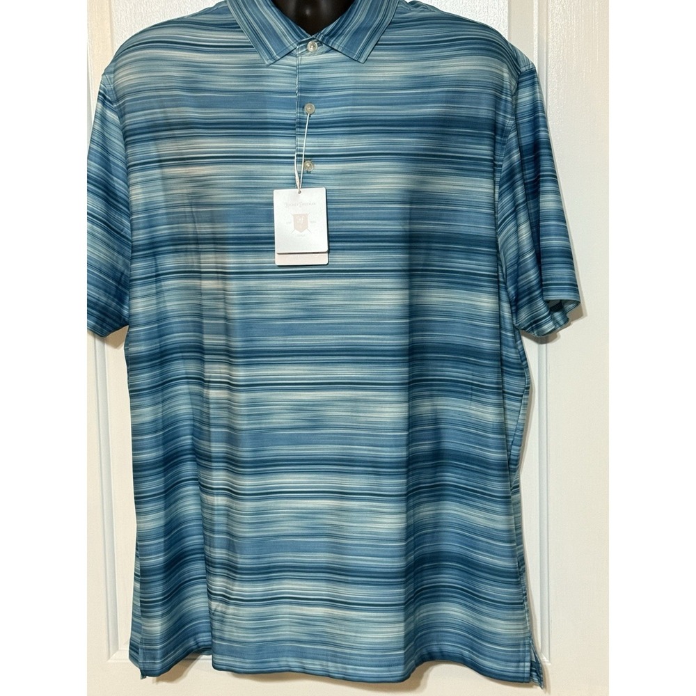 Hickey Freeman Men's Short Sleeve Blue/Teal Striped XL/TG‎ Golf Polo Shirt NWT